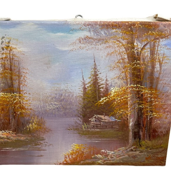 Vintage Signed Oil Painting Cabin In The Woods Measuring 10”x 8” - Picture 3 of 16